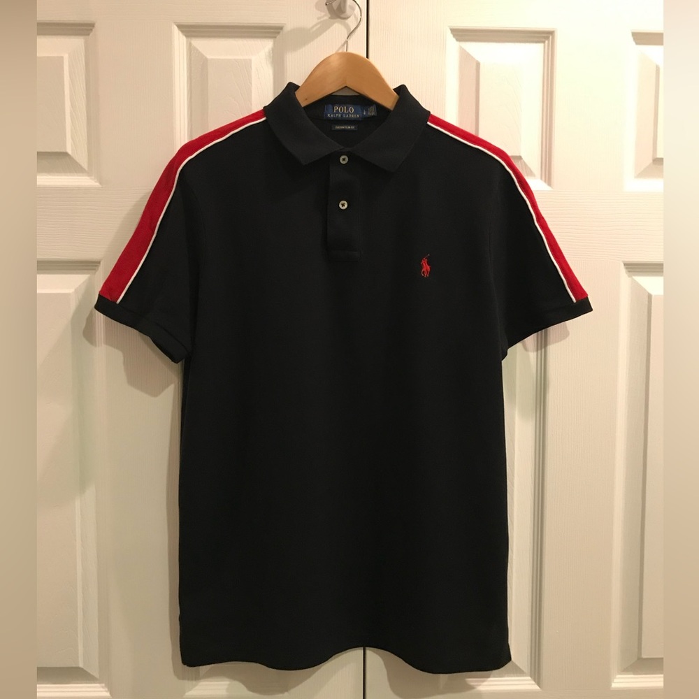 Men’s Black Polo with embroidered back and red shoulder insets Large
